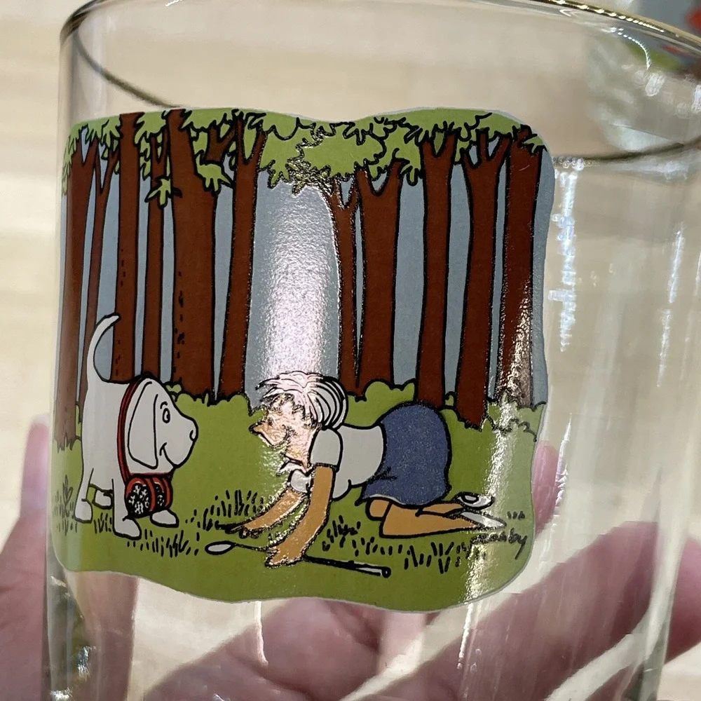 Vintage Ashby Glasses 8pc Golf Funny‎ Cartoon Low Ball Whiskey Man's Cave Decor